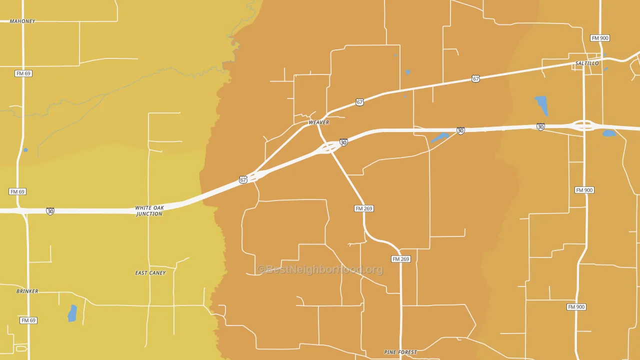 Map of the best neighborhoods in the Weaver area, with better matches in green and worse matches in red