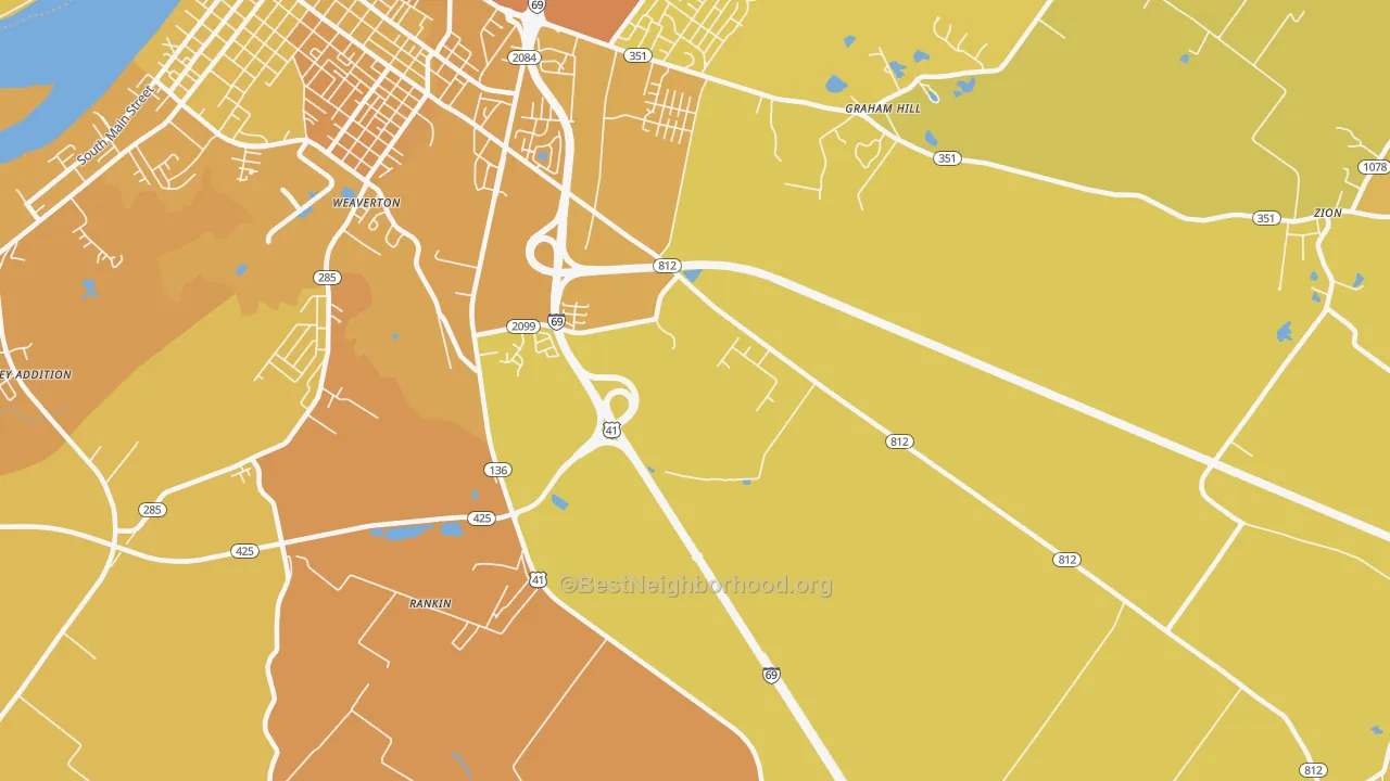 Map of the best neighborhoods in the Weaverton area, with better matches in green and worse matches in red