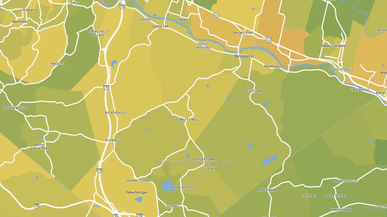 Map of the best neighborhoods in the Weavertown area, with better matches in green and worse matches in red