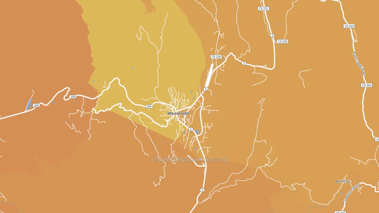 Map of the best neighborhoods in the Weaverville area, with better matches in green and worse matches in red