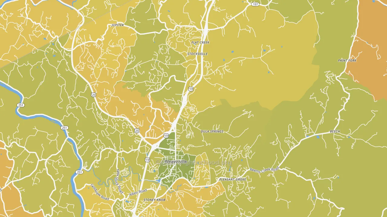 Map of the best neighborhoods in the Weaverville area, with better matches in green and worse matches in red