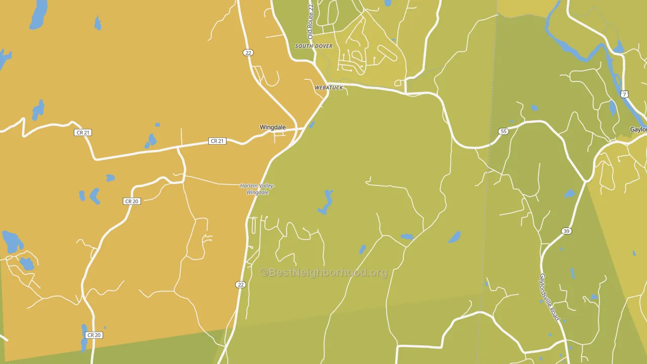 Map of the best neighborhoods in the Webatuck area, with better matches in green and worse matches in red
