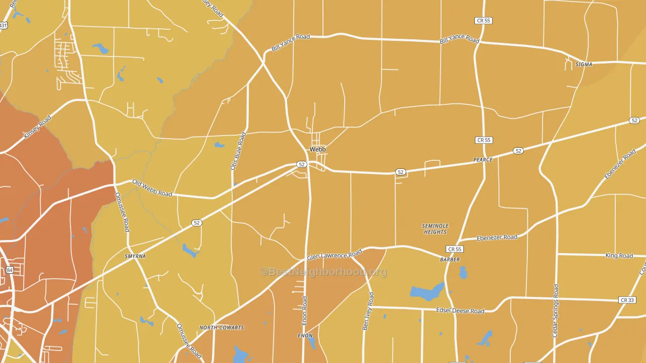 Map of the best neighborhoods in the Webb area, with better matches in green and worse matches in red