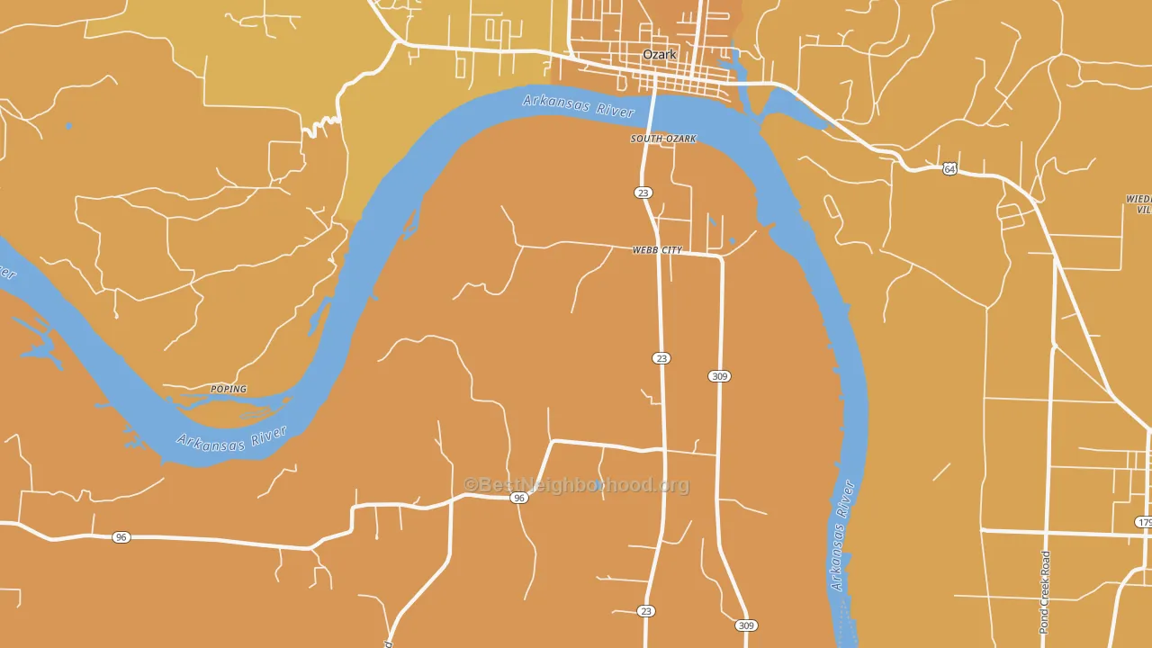 Map of the best neighborhoods in the Webb City area, with better matches in green and worse matches in red