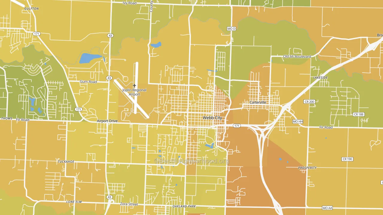 Map of the best neighborhoods in the Webb City area, with better matches in green and worse matches in red