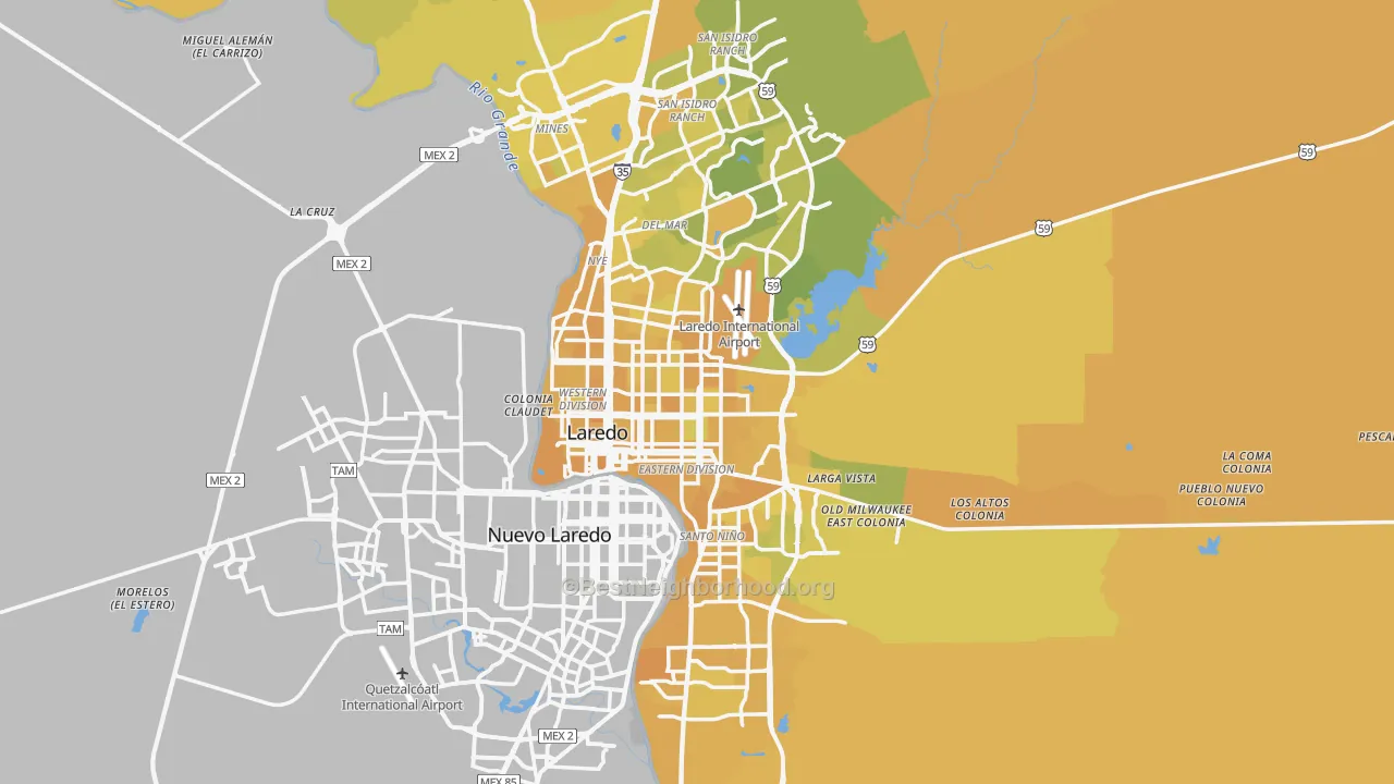 Map of the best neighborhoods in the Webb County area, with better matches in green and worse matches in red
