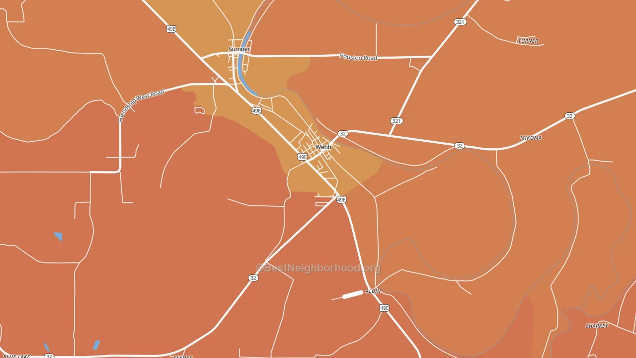 Map of the best neighborhoods in the Webb area, with better matches in green and worse matches in red