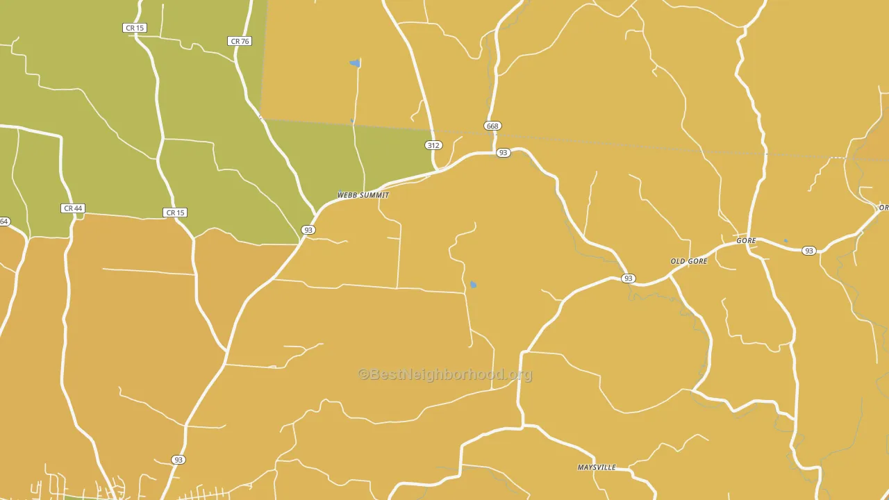 Map of the best neighborhoods in the Webb Summit area, with better matches in green and worse matches in red