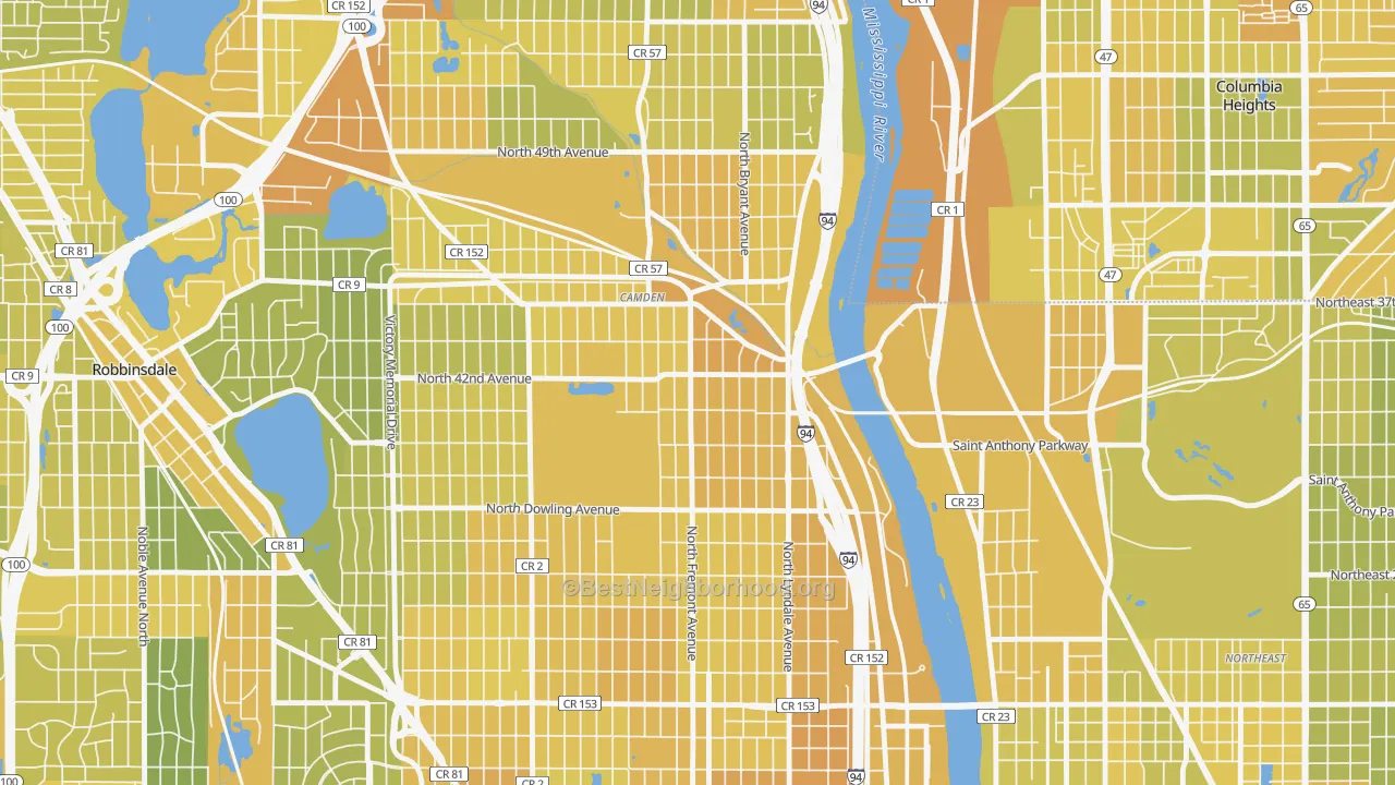Map of the best neighborhoods in the Webber-Camden, Minneapolis area, with better matches in green and worse matches in red