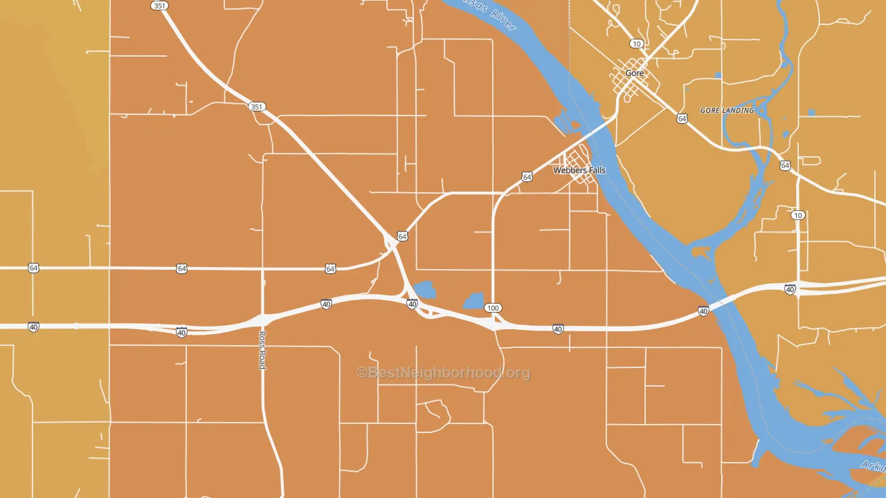 Map of the best neighborhoods in the Webbers Falls area, with better matches in green and worse matches in red