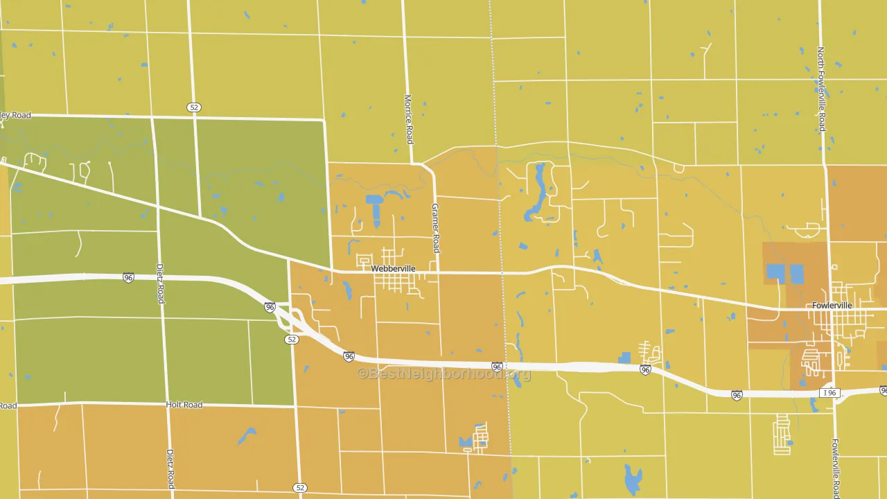 Map of the best neighborhoods in the Webberville area, with better matches in green and worse matches in red