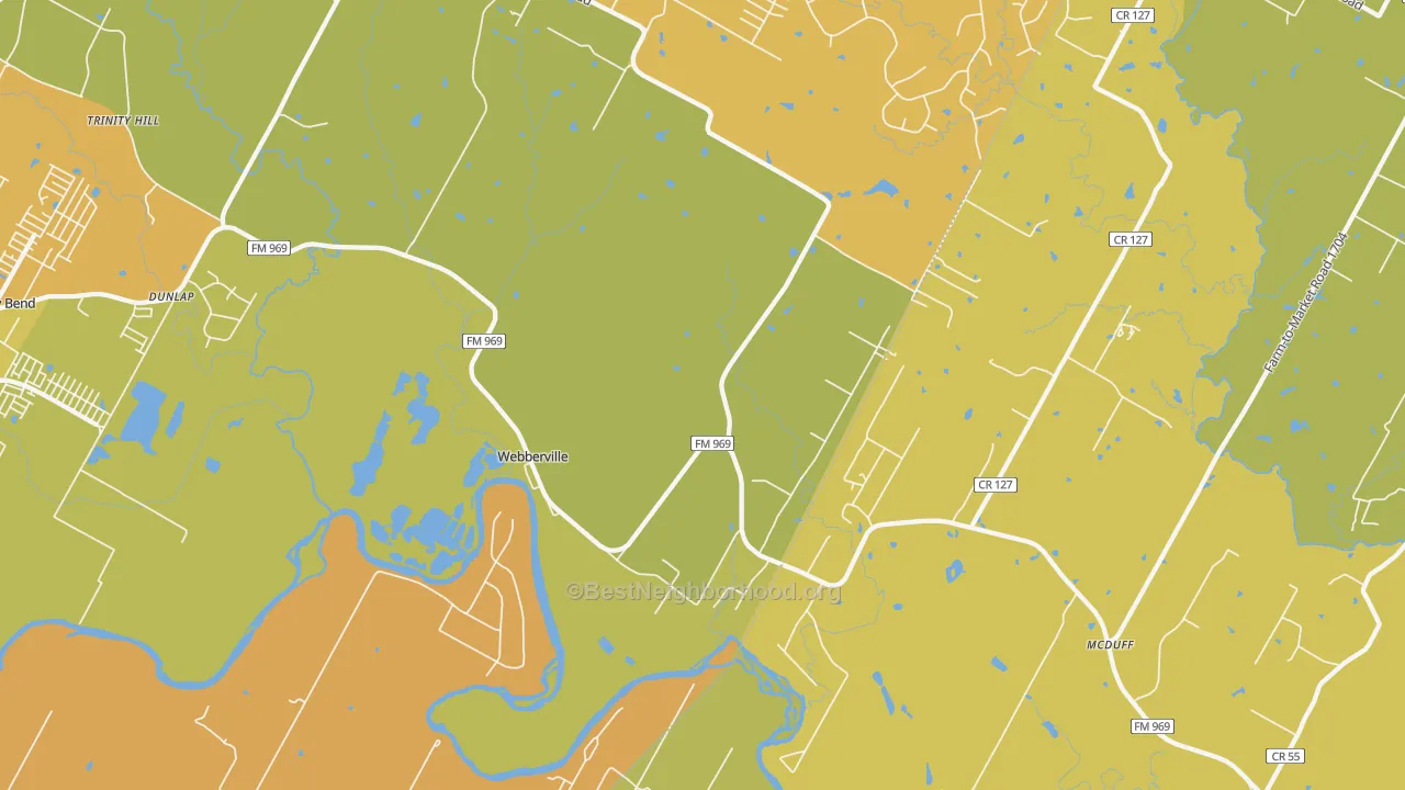 Map of the best neighborhoods in the Webberville area, with better matches in green and worse matches in red