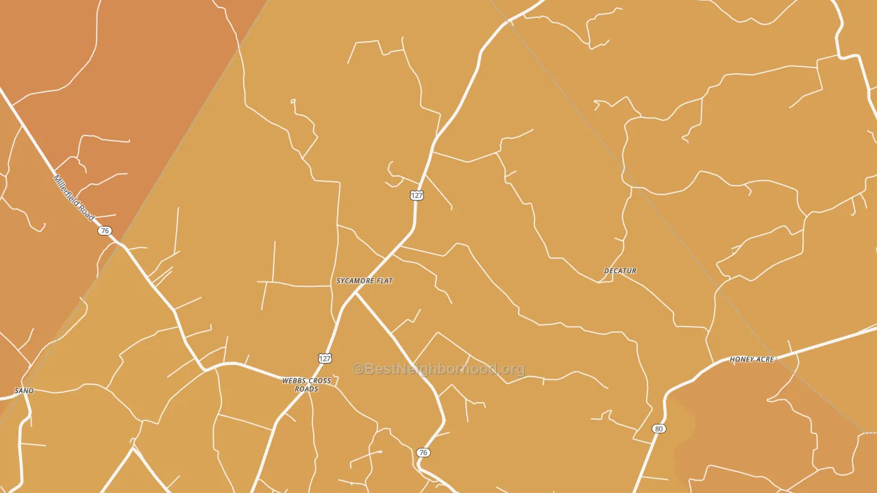 Map of the best neighborhoods in the Webbs Cross Roads area, with better matches in green and worse matches in red