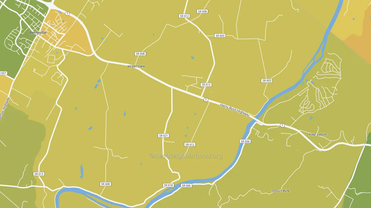 Map of the best neighborhoods in the Webbtown area, with better matches in green and worse matches in red