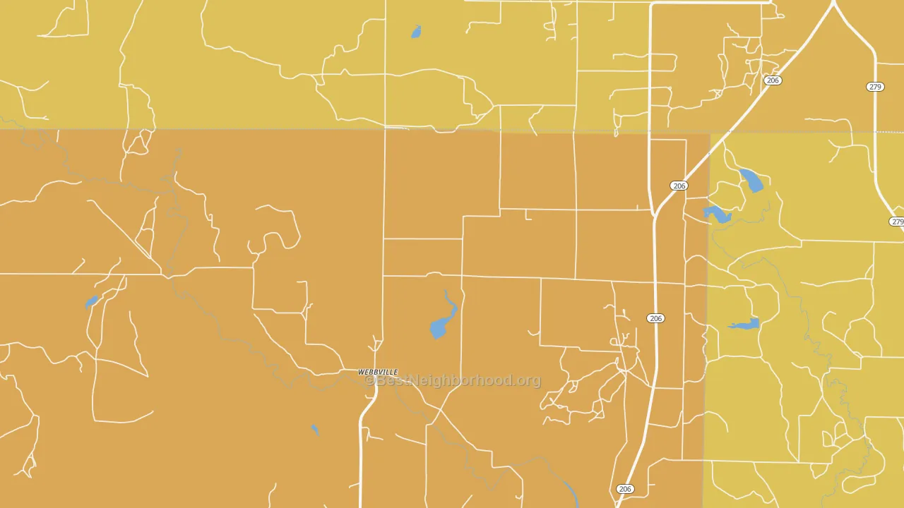Map of the best neighborhoods in the Webbville area, with better matches in green and worse matches in red