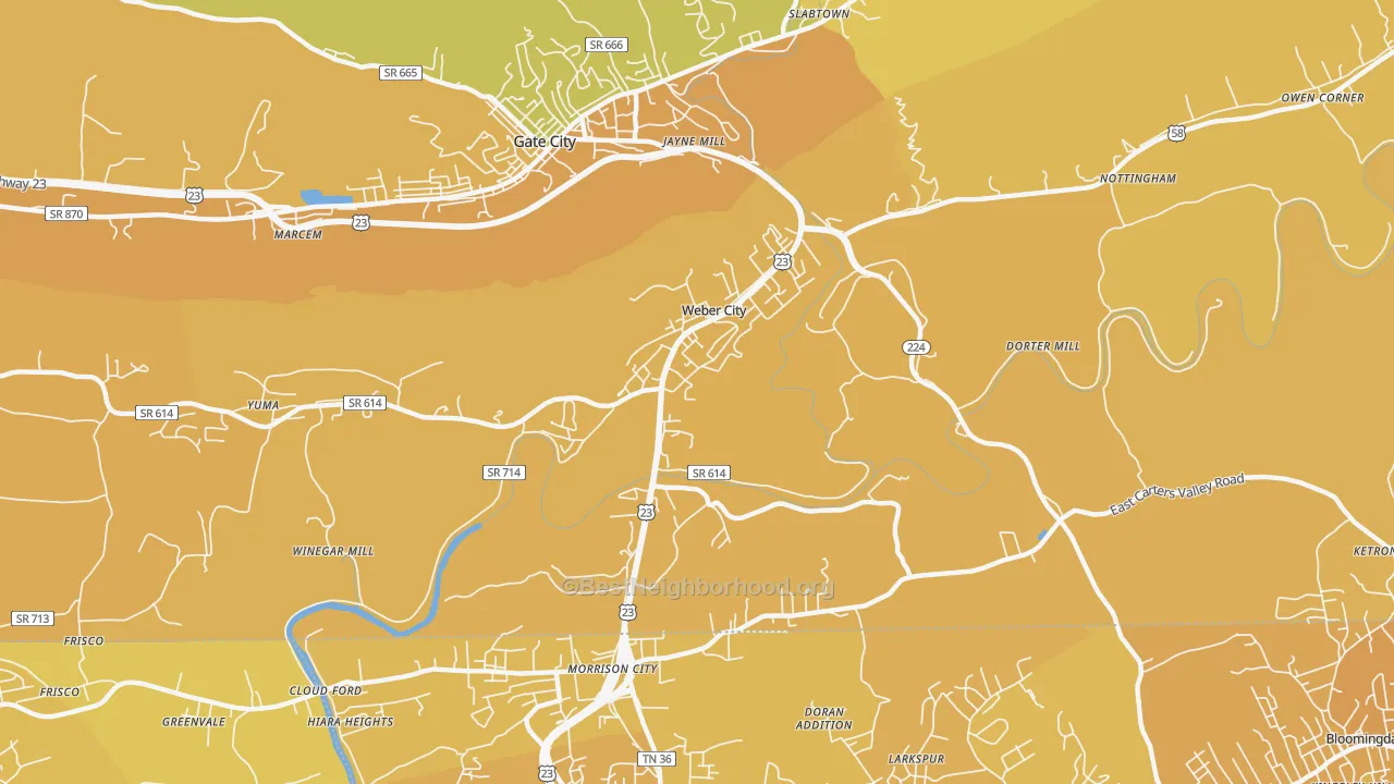 Map of the best neighborhoods in the Weber City area, with better matches in green and worse matches in red