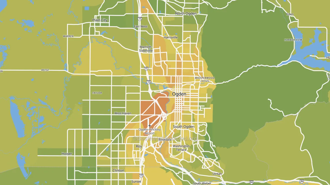 Map of the best neighborhoods in the Weber County area, with better matches in green and worse matches in red