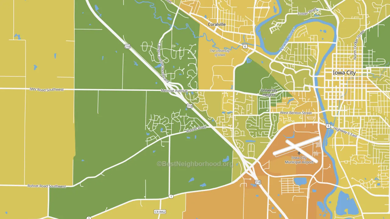 Map of the best neighborhoods in the Weber, Iowa City area, with better matches in green and worse matches in red