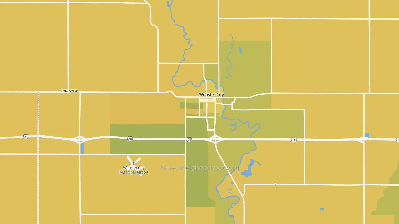 Map of the best neighborhoods in the Webster City area, with better matches in green and worse matches in red