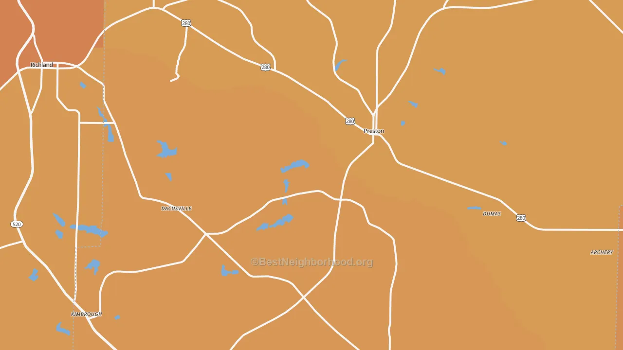 Map of the best neighborhoods in the Webster County area, with better matches in green and worse matches in red