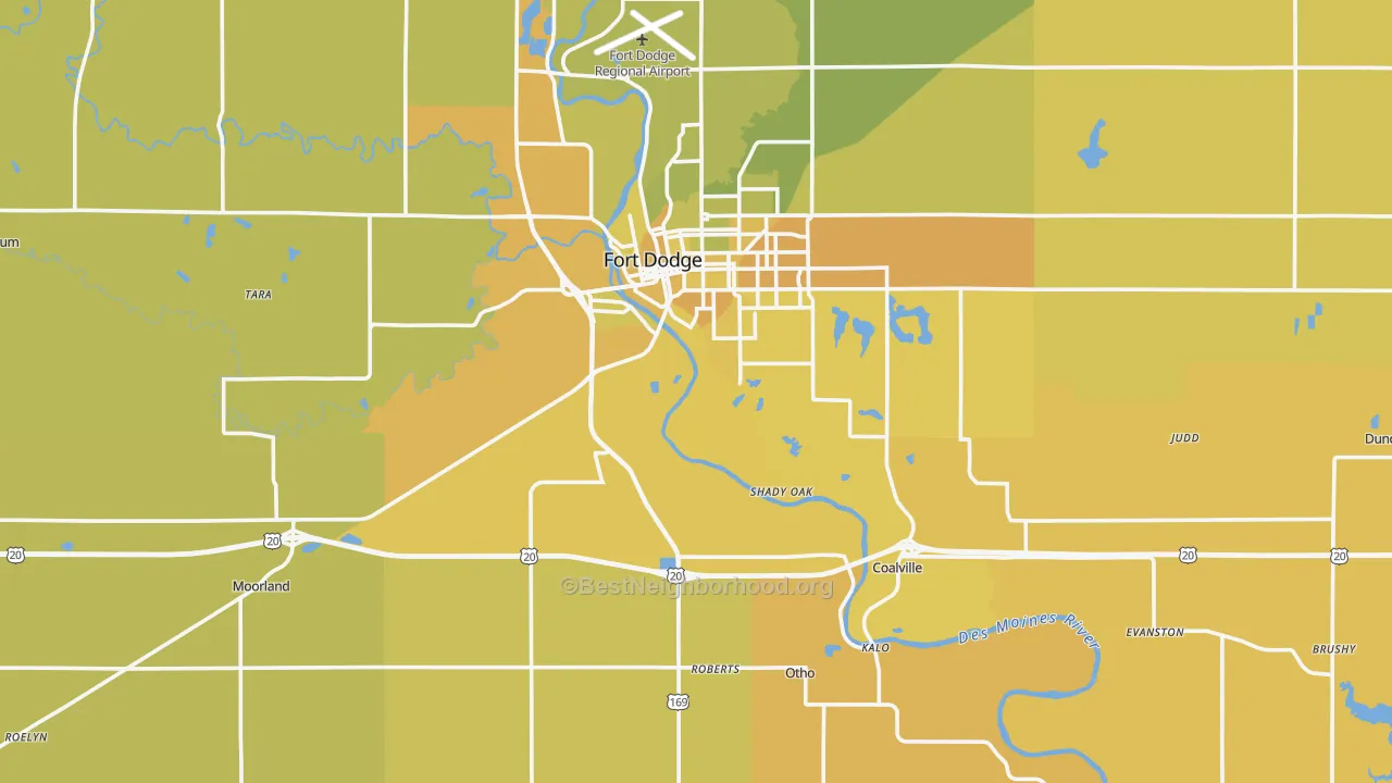 Map of the best neighborhoods in the Webster County area, with better matches in green and worse matches in red
