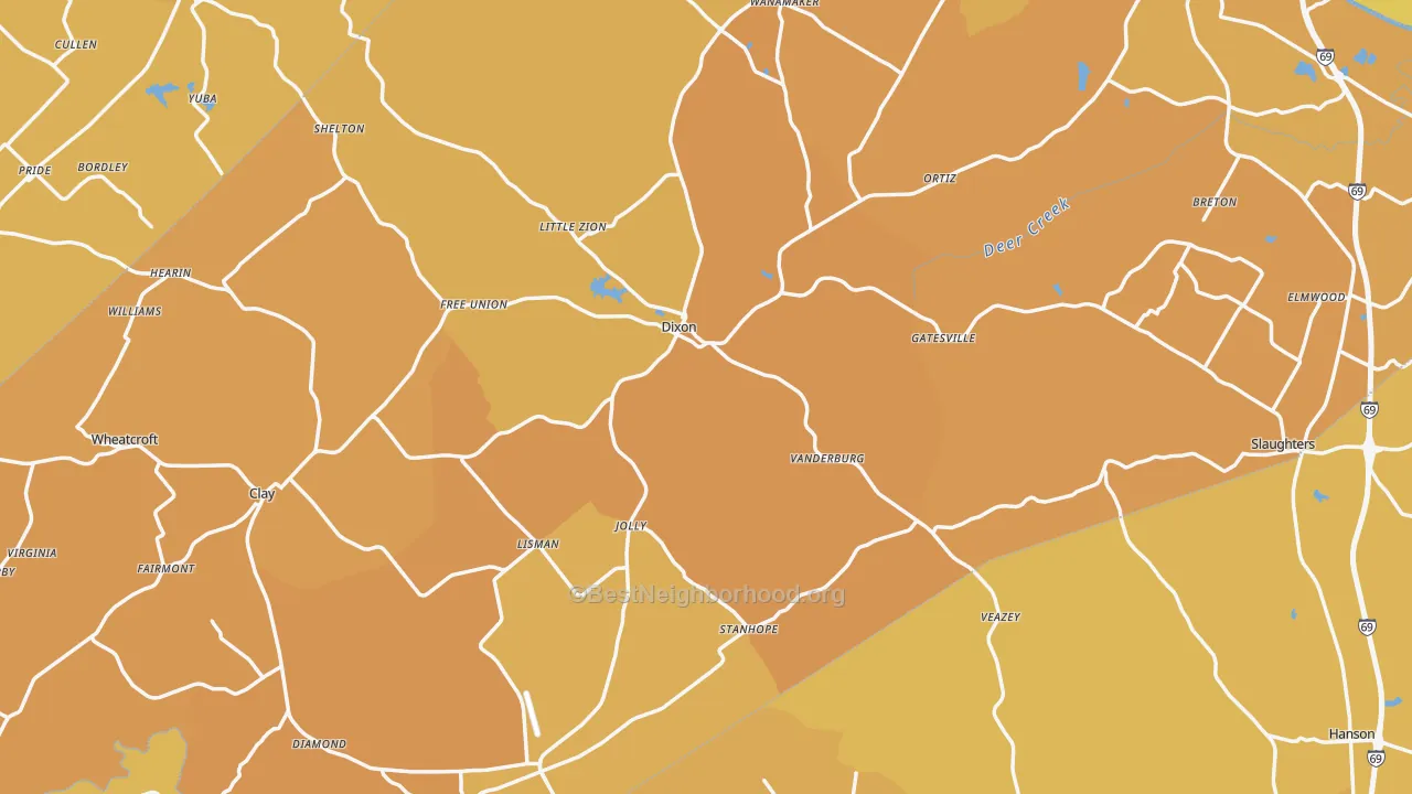 Map of the best neighborhoods in the Webster County area, with better matches in green and worse matches in red