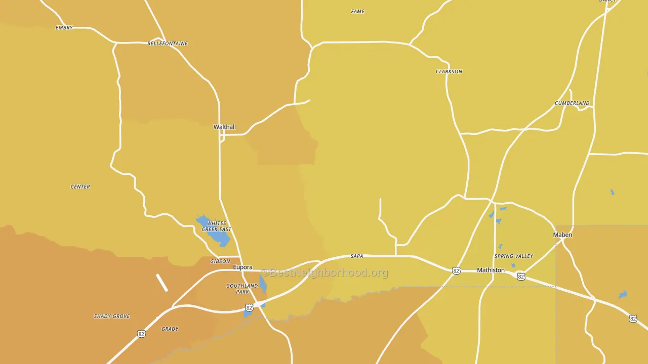 Map of the best neighborhoods in the Webster County area, with better matches in green and worse matches in red