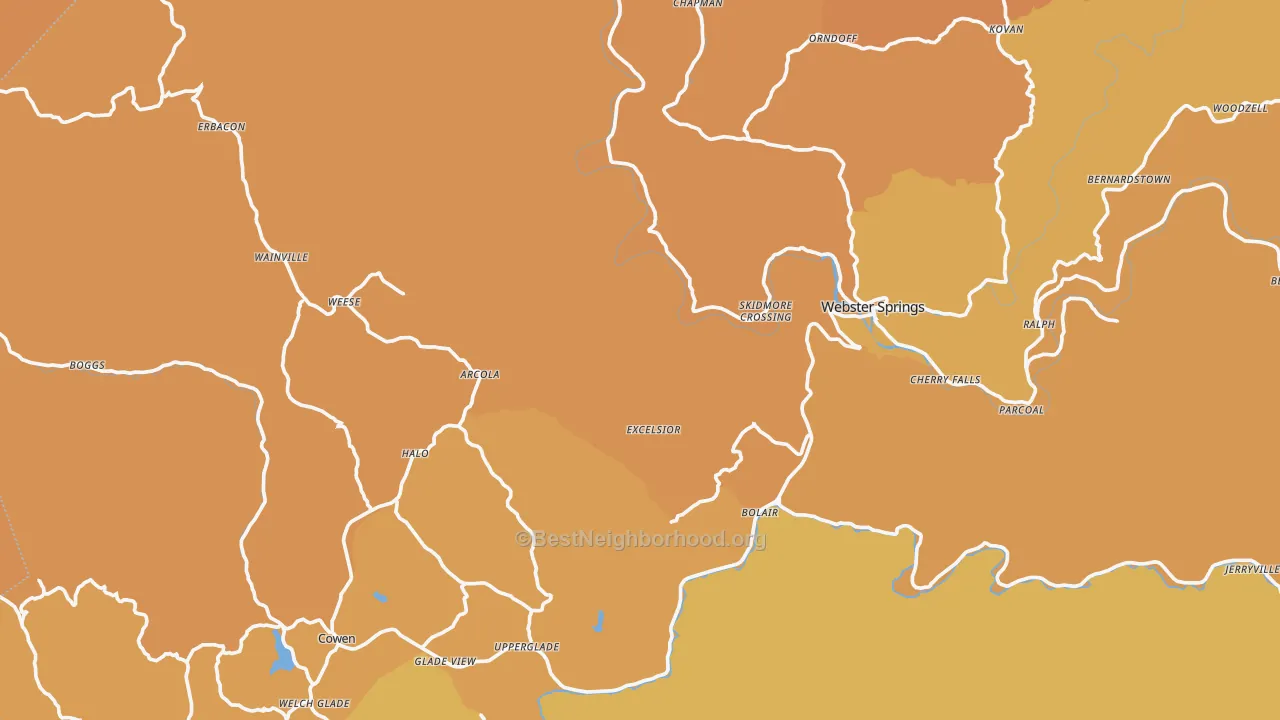 Map of the best neighborhoods in the Webster County area, with better matches in green and worse matches in red