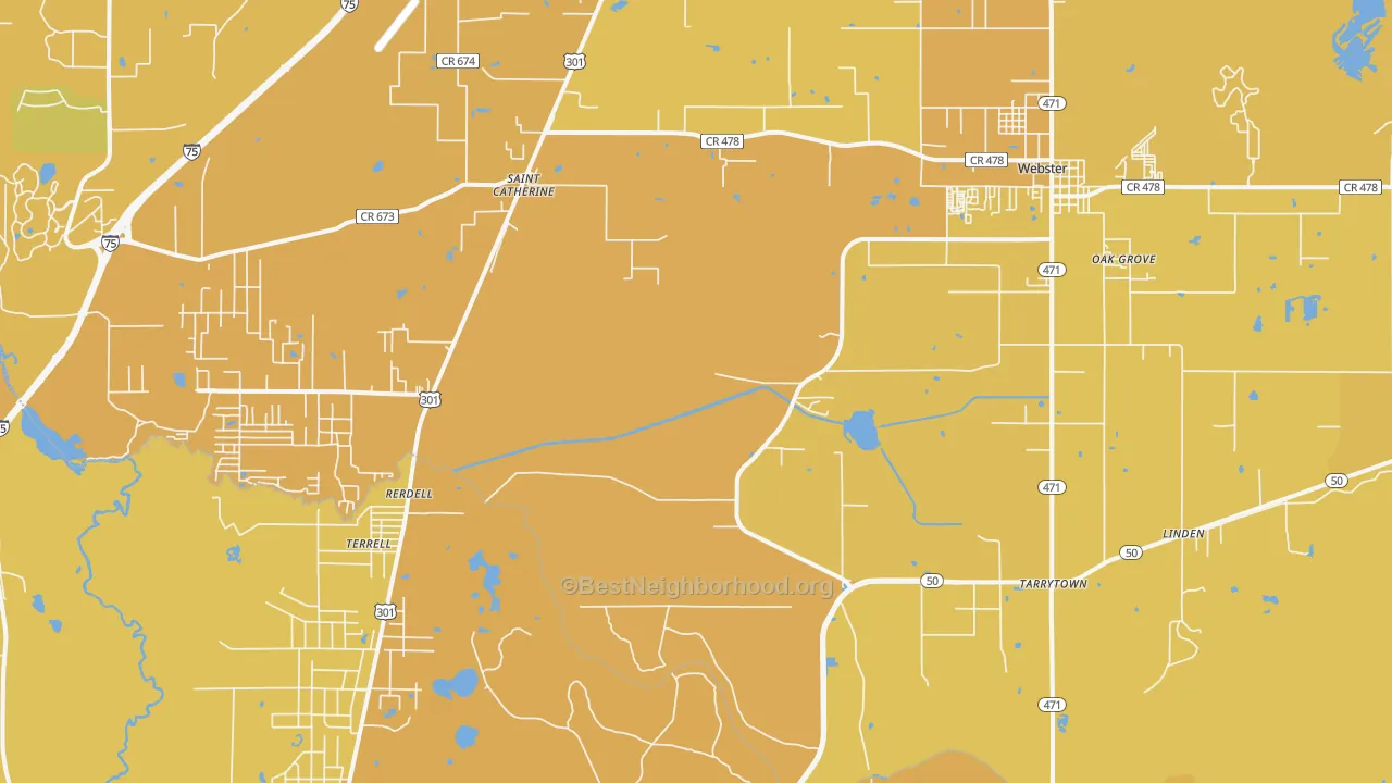 Map of the best neighborhoods in the Webster area, with better matches in green and worse matches in red