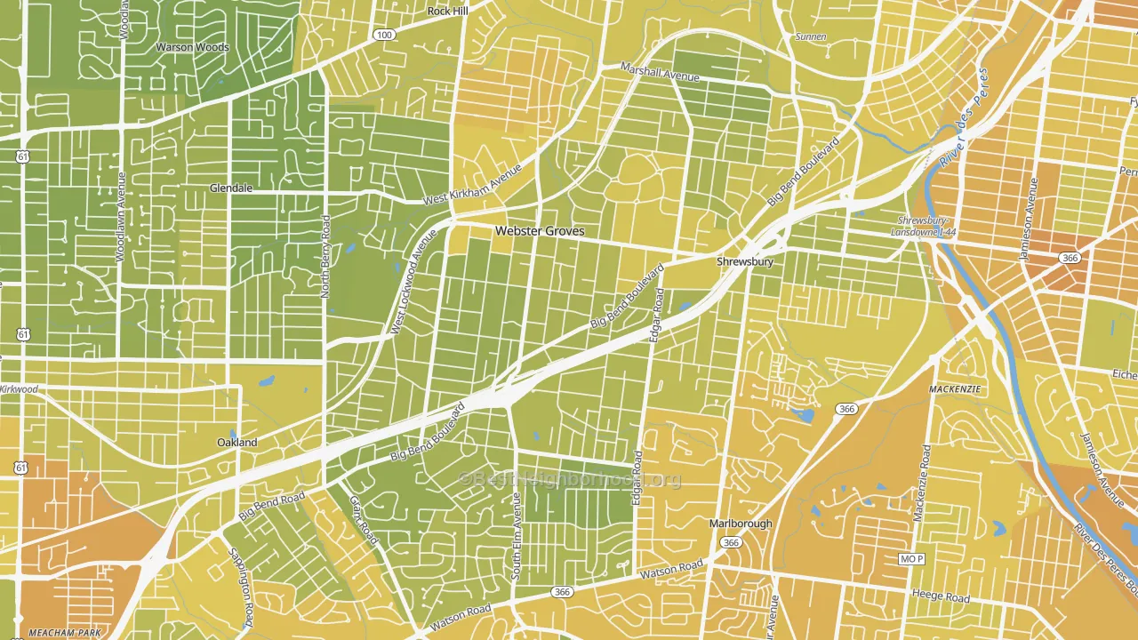 Map of the best neighborhoods in the Webster Groves area, with better matches in green and worse matches in red