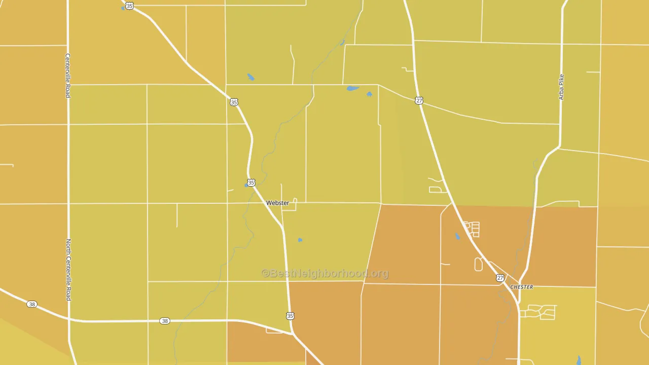 Map of the best neighborhoods in the Webster area, with better matches in green and worse matches in red