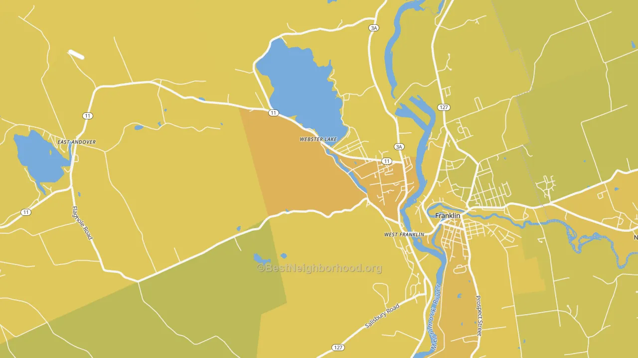 Map of the best neighborhoods in the Webster Lake area, with better matches in green and worse matches in red