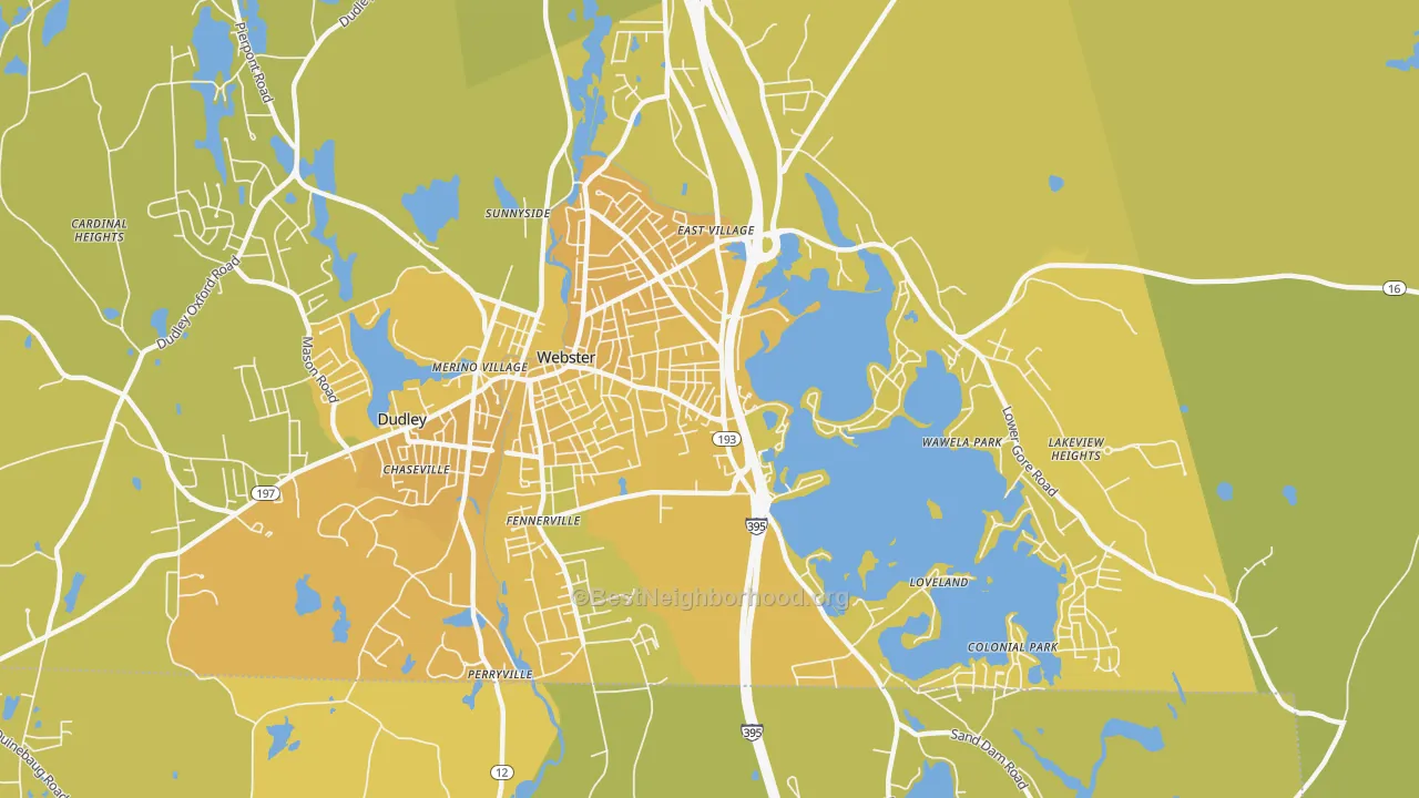 Map of the best neighborhoods in the Webster area, with better matches in green and worse matches in red