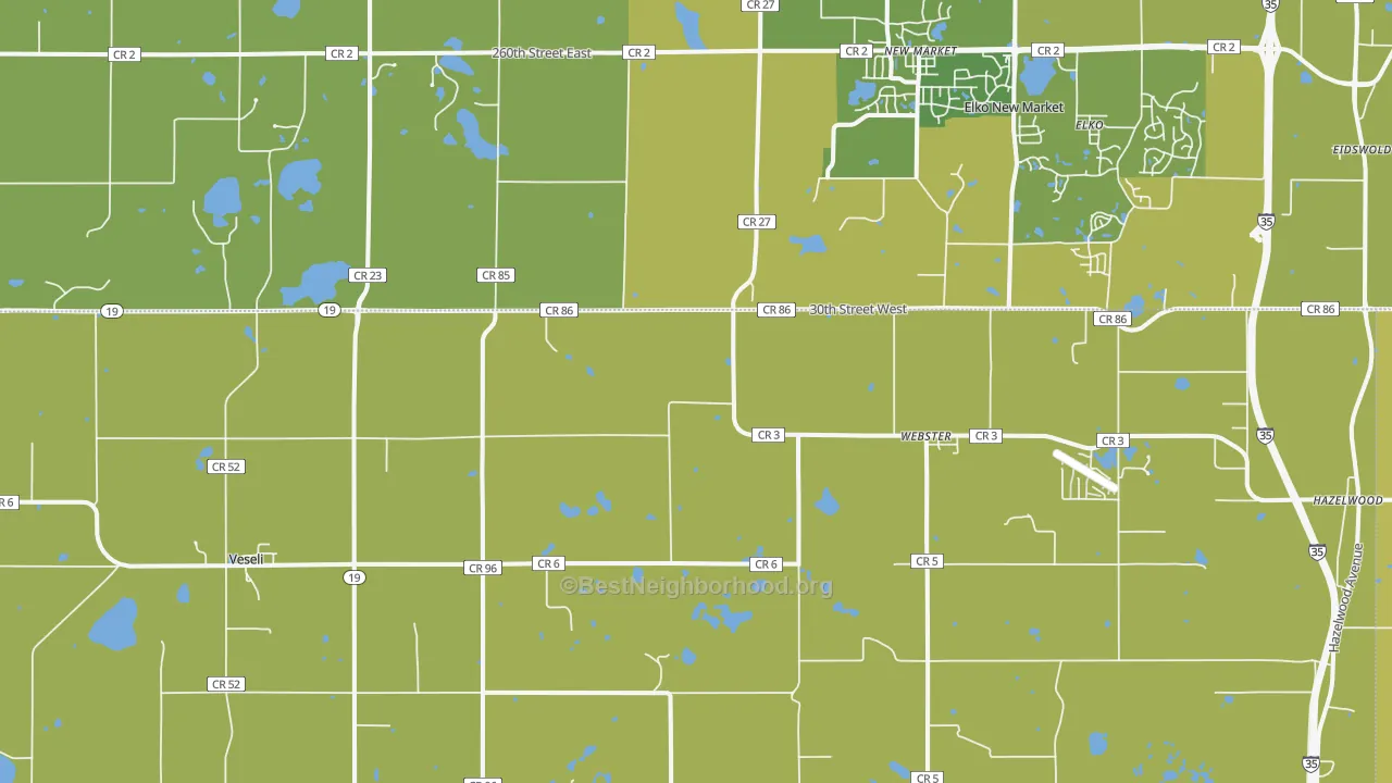 Map of the best neighborhoods in the Webster area, with better matches in green and worse matches in red