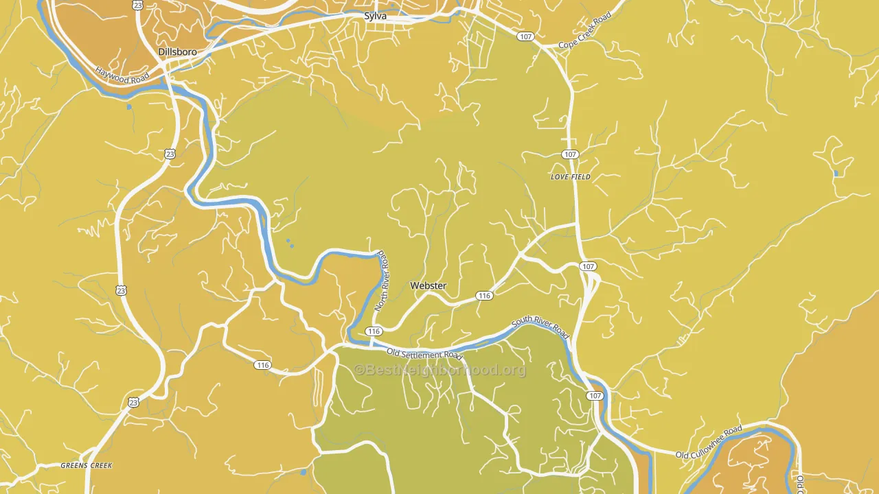 Map of the best neighborhoods in the Webster area, with better matches in green and worse matches in red
