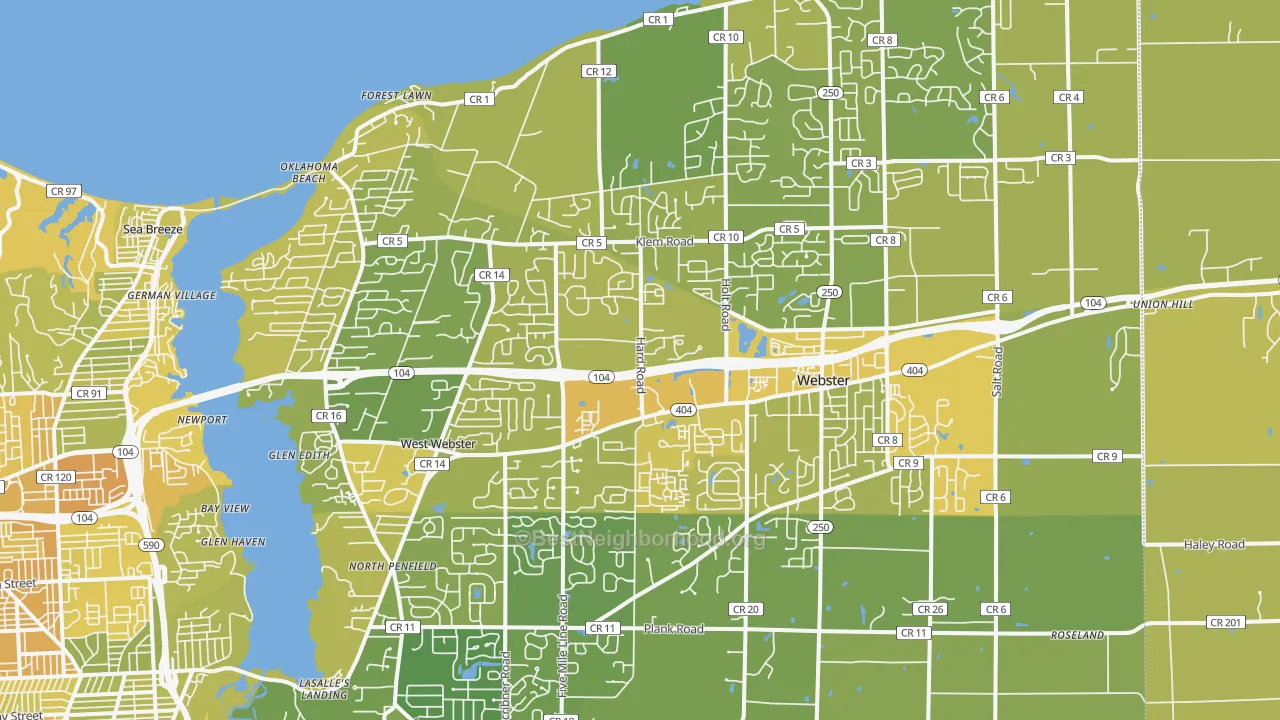 Map of the best neighborhoods in the Webster area, with better matches in green and worse matches in red