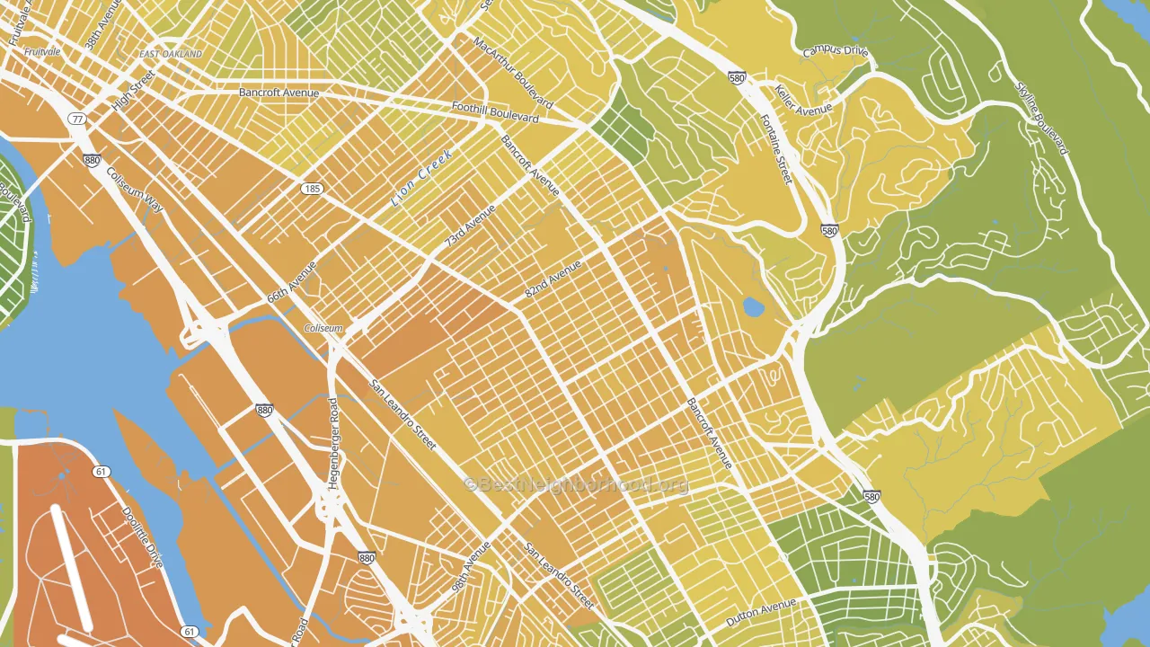 Map of the best neighborhoods in the Webster, Oakland area, with better matches in green and worse matches in red