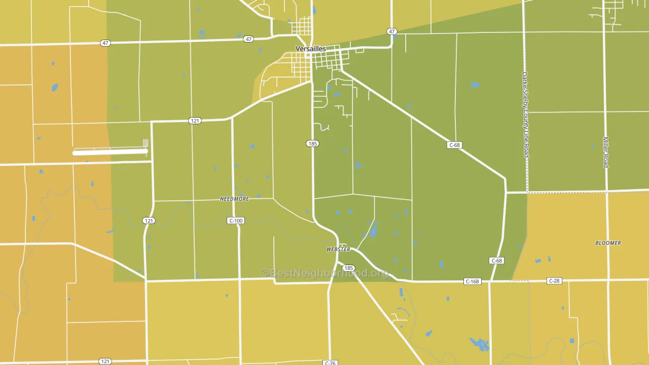 Map of the best neighborhoods in the Webster area, with better matches in green and worse matches in red