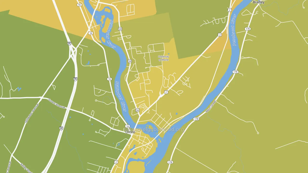Map of the best neighborhoods in the Webster, Orono area, with better matches in green and worse matches in red