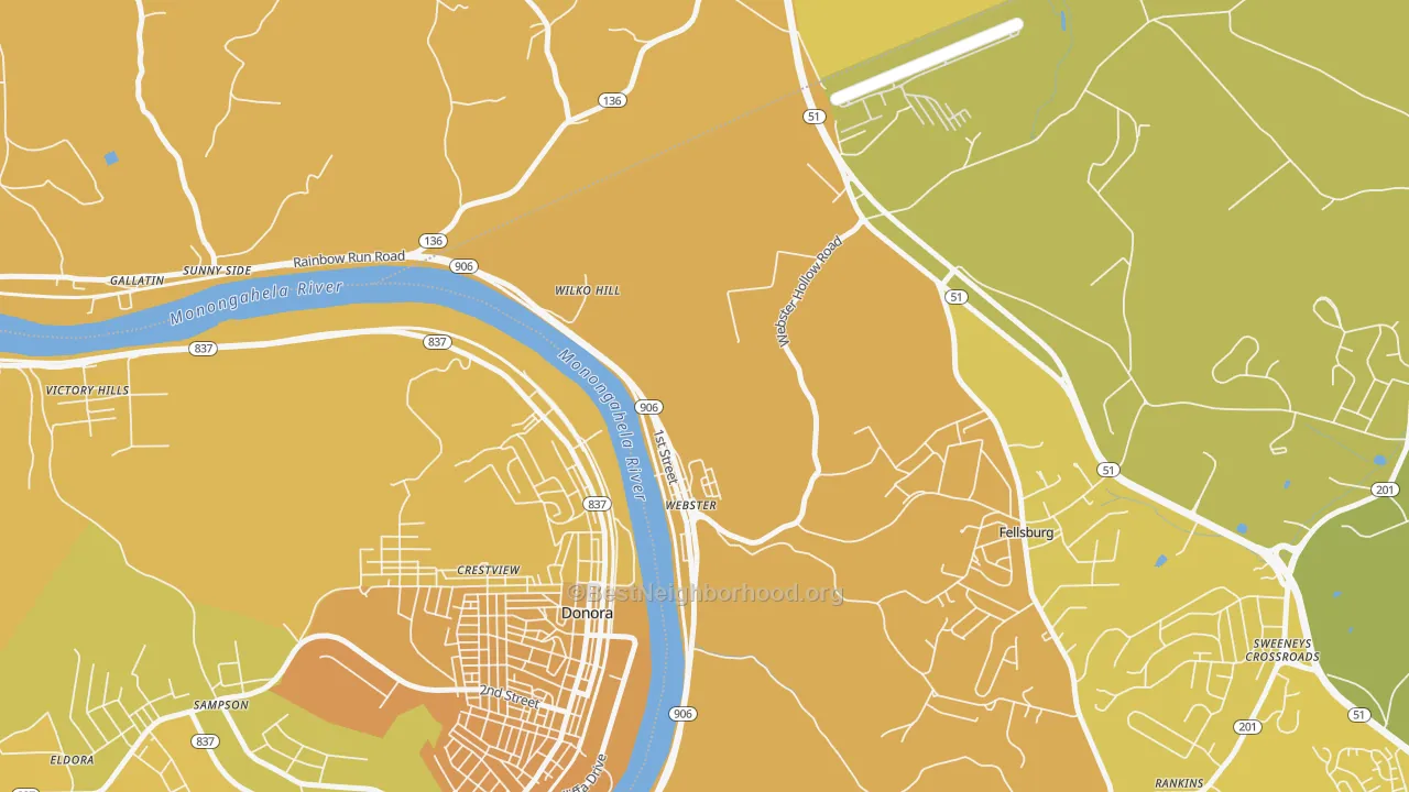 Map of the best neighborhoods in the Webster area, with better matches in green and worse matches in red