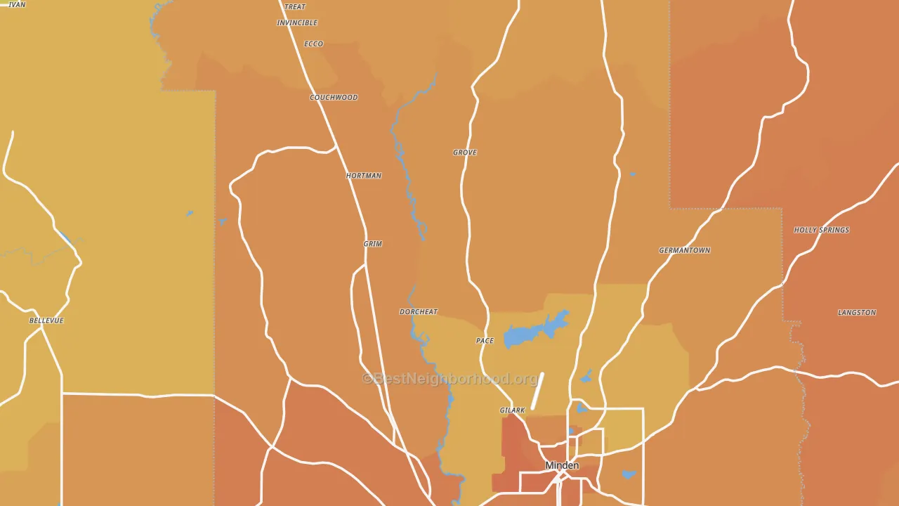 Map of the best neighborhoods in the Webster Parish area, with better matches in green and worse matches in red