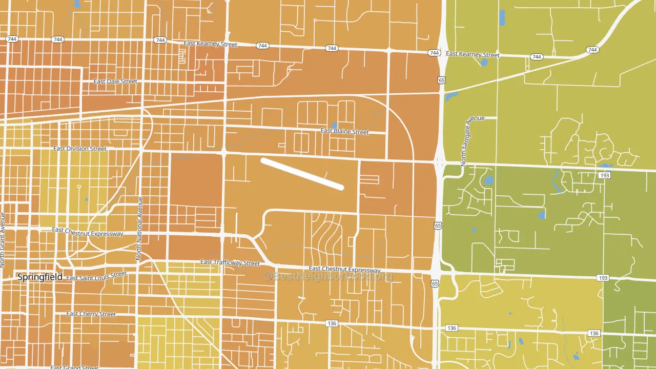 Map of the best neighborhoods in the Webster Park-Shady Dell, Springfield area, with better matches in green and worse matches in red