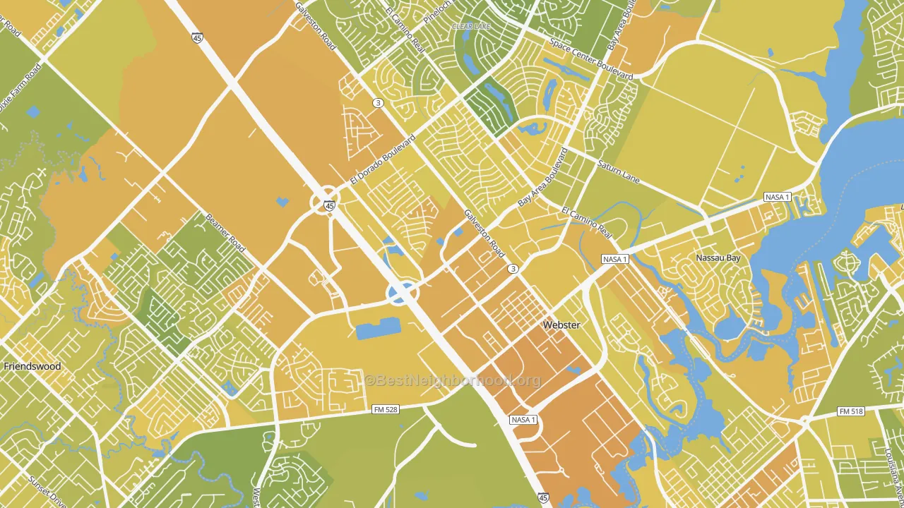 Map of the best neighborhoods in the Webster area, with better matches in green and worse matches in red