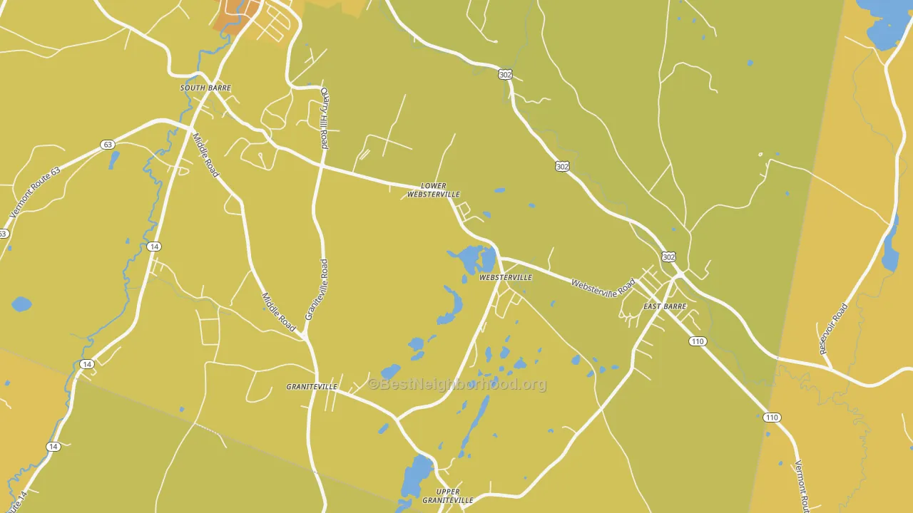 Map of the best neighborhoods in the Websterville area, with better matches in green and worse matches in red