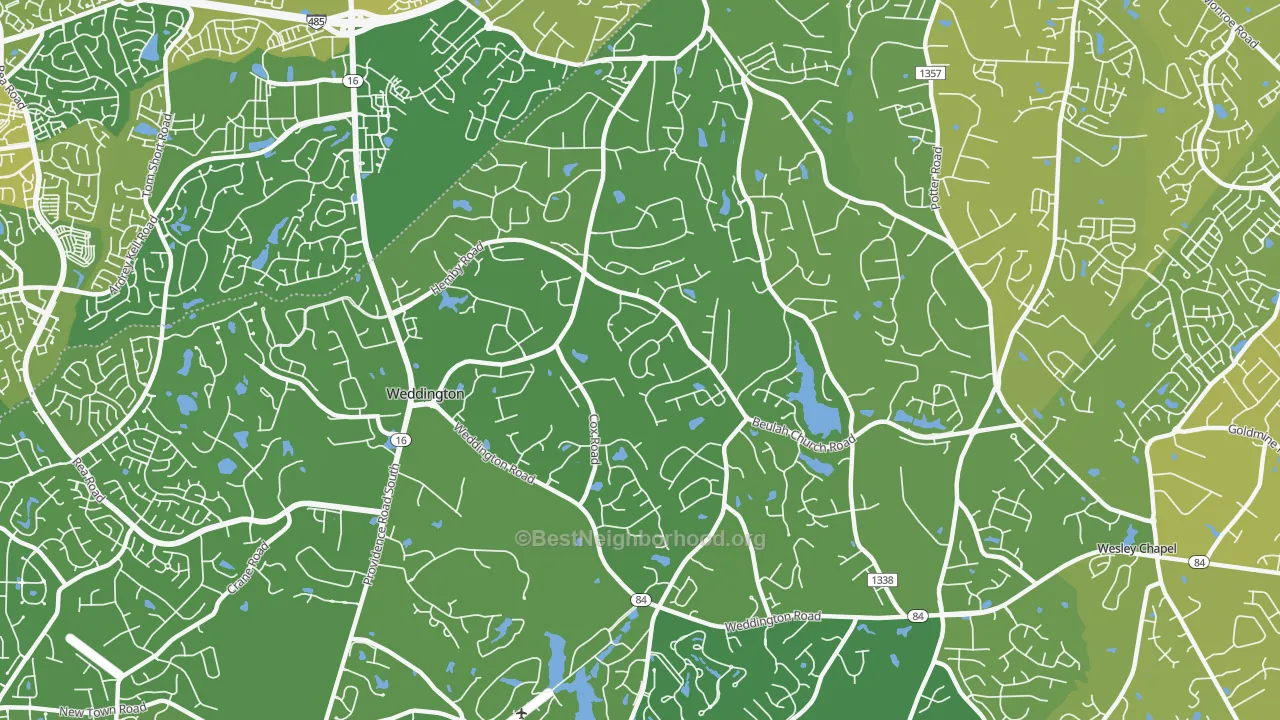 Map of the best neighborhoods in the Weddington area, with better matches in green and worse matches in red