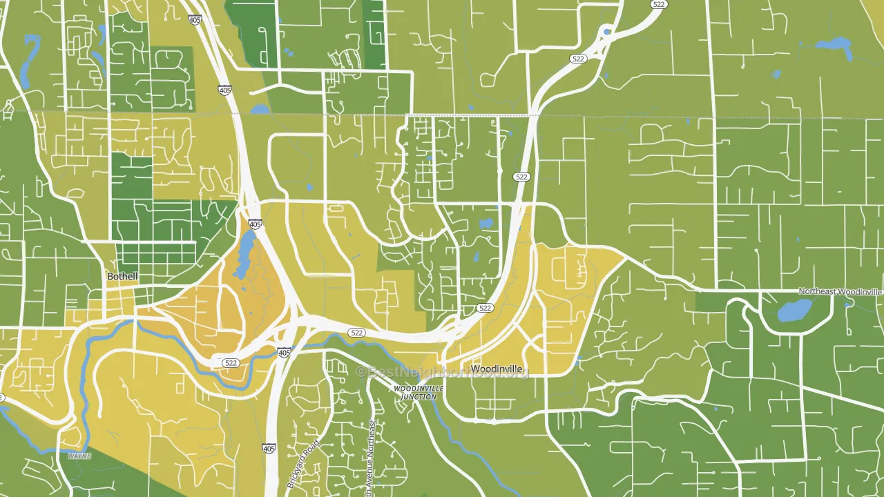 Map of the best neighborhoods in the Wedge, Woodinville area, with better matches in green and worse matches in red