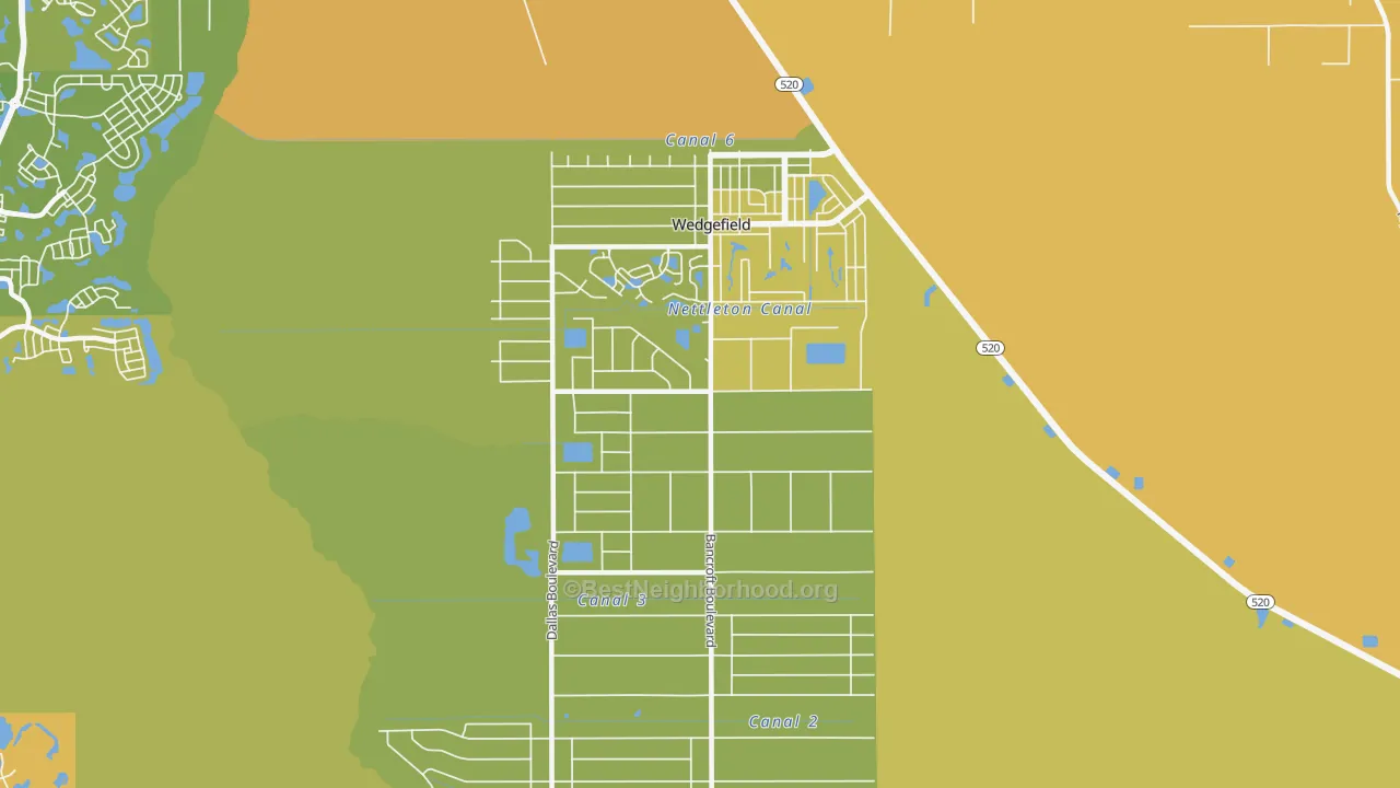 Map of the best neighborhoods in the Wedgefield area, with better matches in green and worse matches in red