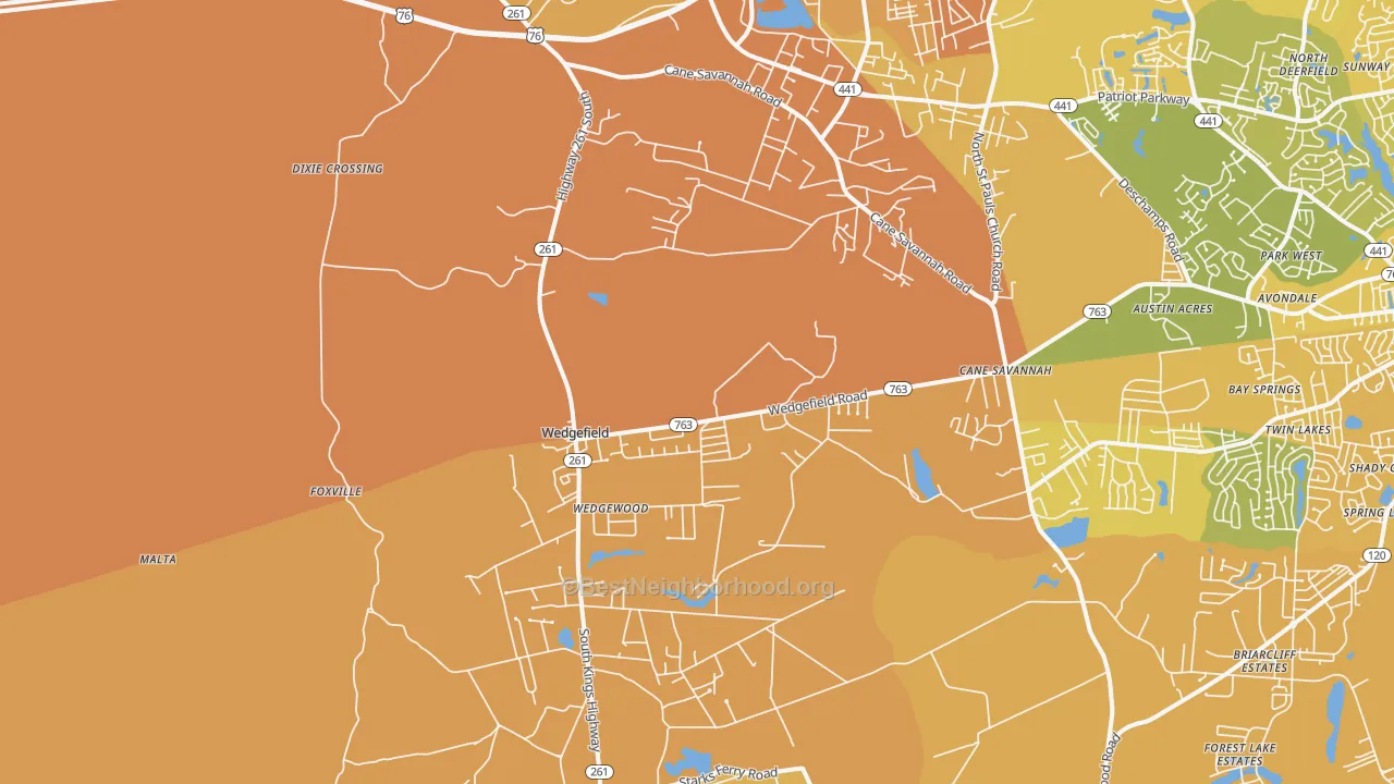 Map of the best neighborhoods in the Wedgefield area, with better matches in green and worse matches in red