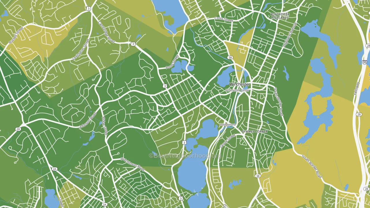 Map of the best neighborhoods in the Wedgemere Historic District, Winchester area, with better matches in green and worse matches in red
