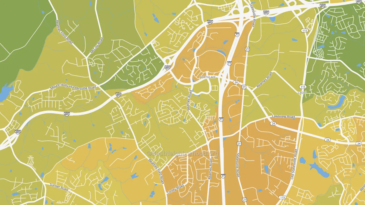 Map of the best neighborhoods in the Wedgewood, Charlotte area, with better matches in green and worse matches in red